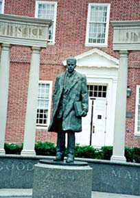 [photo, Thurgood Marshall statue at Legislative Services Building entrance, Lawyers Mall, Annapolis, Maryland]