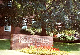 [color photograph, Building marker (near entrance), Goldstein Treasury Building, Annapolis, Maryland]