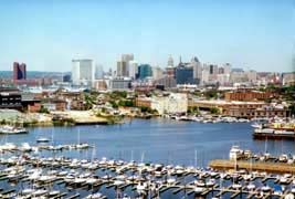[photo, City skyline with marinas on Patapsco River (view from Canton), Maryland]